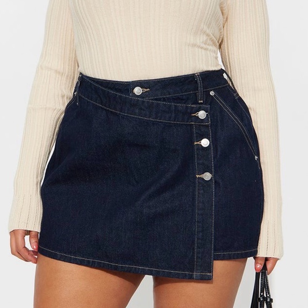 Fashion Nova Dark Indigo Asymmetric Button Denim Mini Skirt
